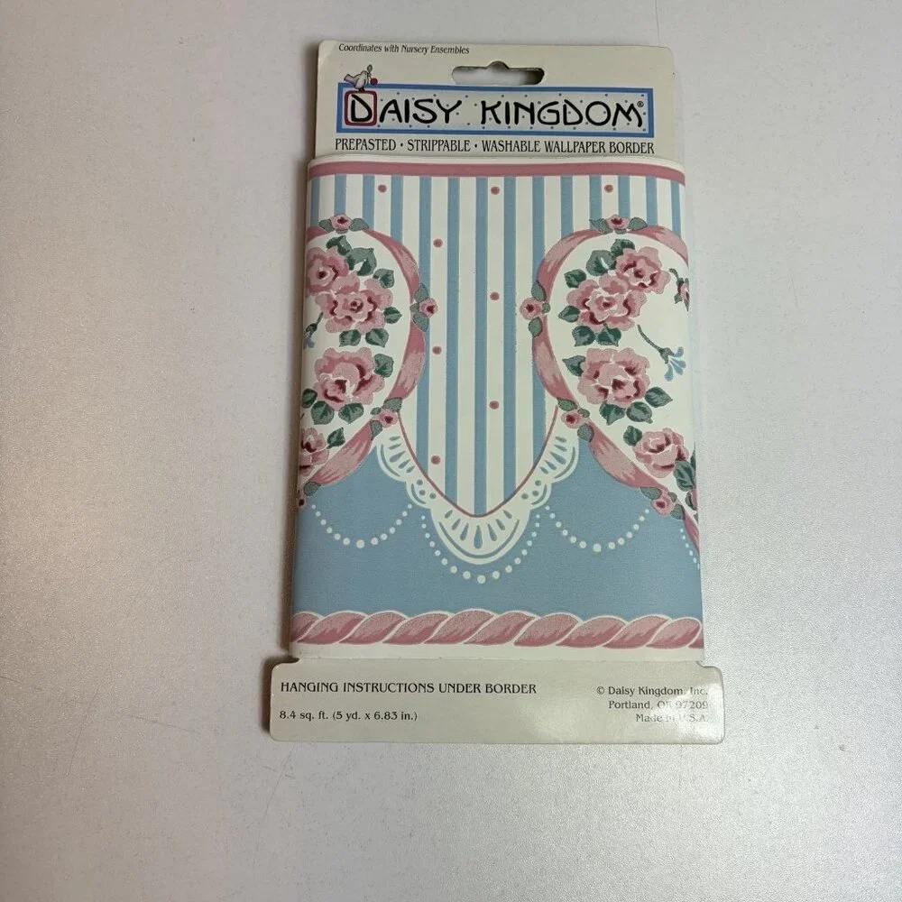 Vtg Daisy Kingdom Prepasted Wallpaper Border Pink Roses Hearts Cottagecore NOS